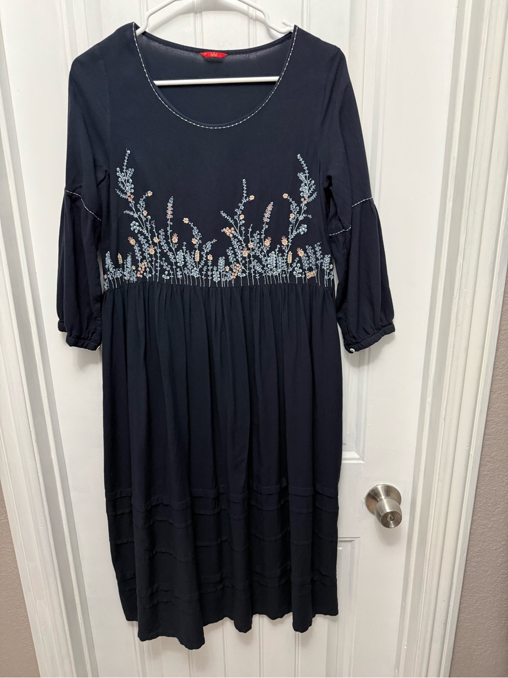 W For Woman Midi Dress Size 12 Blue Floral Embroidered Plant Print 3/4 (42-10)